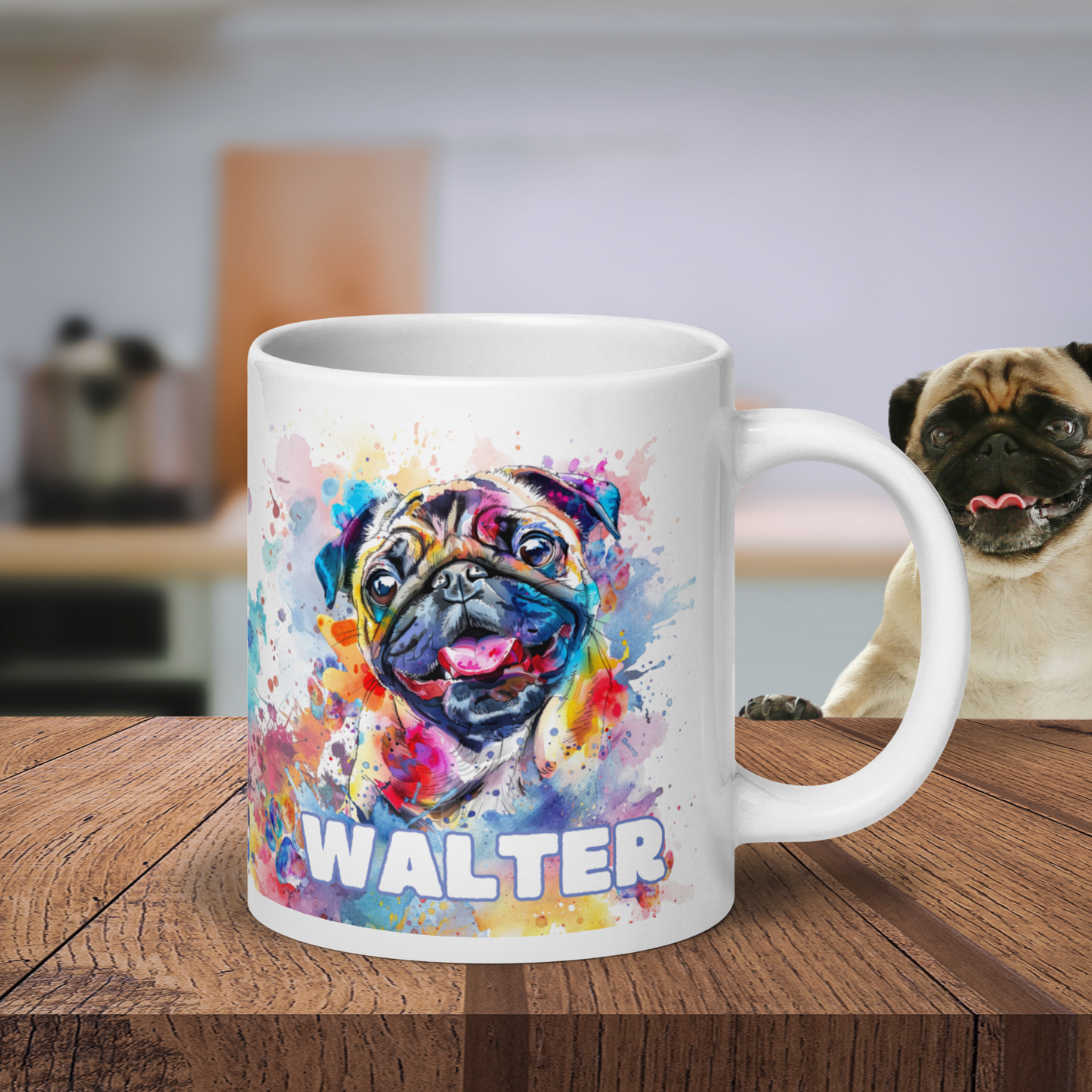 20 oz mug with watercolor artwork of a happy Pug. The mug is personalized with Walter, the dogs name. The mug is sitting on a wooden kitchen island and behind it is a happy pug looking over the counter. This mug is big enough for a bowl of soup, and plenty of coffee, tea, or hot chocolate. Would also make a great gift filled with hot cocoa mix for a dog lover, mug collector, or a person that loves color. Still plenty of space for a cute plant, succulent anyone?