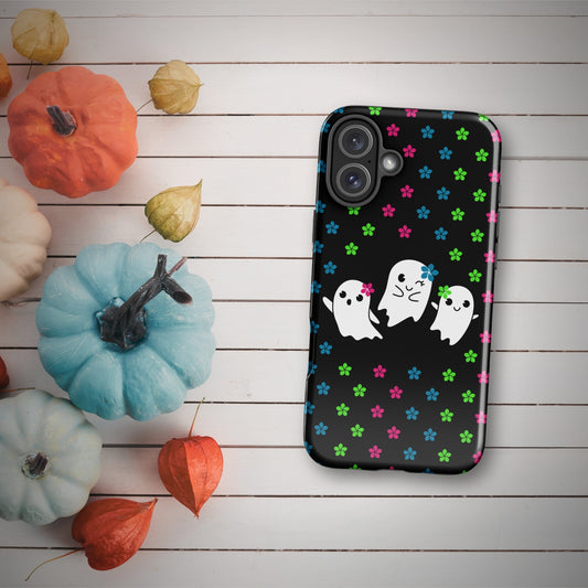 Halloween iPhone Case, Dancing Trio Ghost iPhone Case, Halloween Accessory, Flower Rain, Colorful, Durable Phone Case, Spooky Season