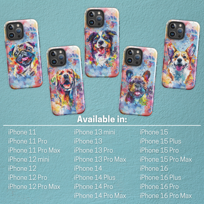 Our happy pups iPhone cases line is available with a Border Collie, Pug, Corgi, Labrador, and Frenchie Dog. Available for iPhones sizes: iPhone 11, iPhone 12, iPhone 13, iPhone 14, iPhone 15, and iPhone 16. Including the Mini, Plus, Pro, or Pro Max.