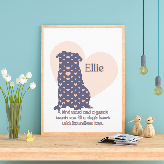 Pug Dog Silhouette filled with Hearts, Customized to include pet name and quote, Great for a Dog Lover, Dog Artwork, and Dog Loss Tribute