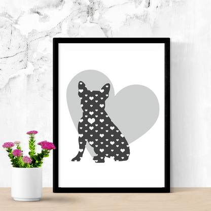 Frenchie Dog Silhouette filled with Hearts, Customized to include pet name and quote, Great for a Dog Lover, Dog Artwork, and Dog Loss Tribute