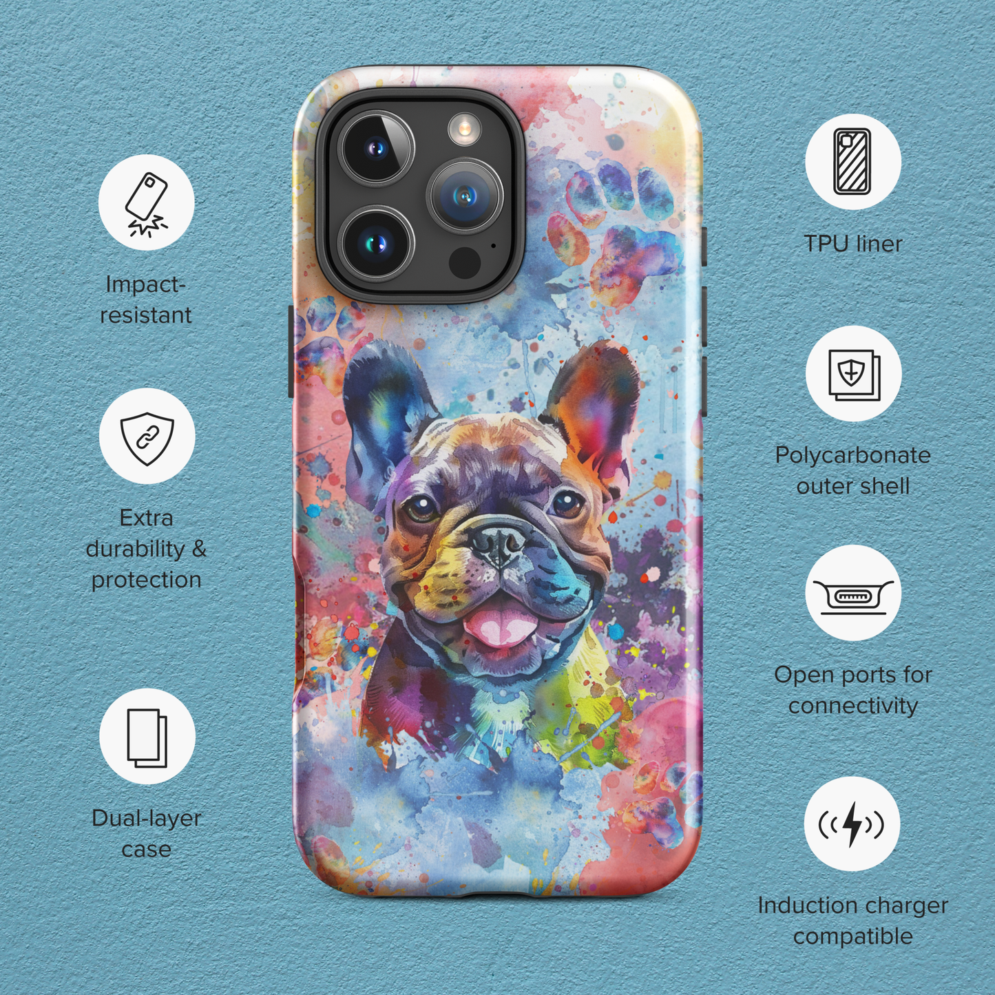 Frenchie iPhone Case, Dog Cell Phone Case, Watercolor Art, iPhone 16/15/14/13/12/11 Pro Max/Pro/Plus/Mini, Tech Accessory, French Bulldog