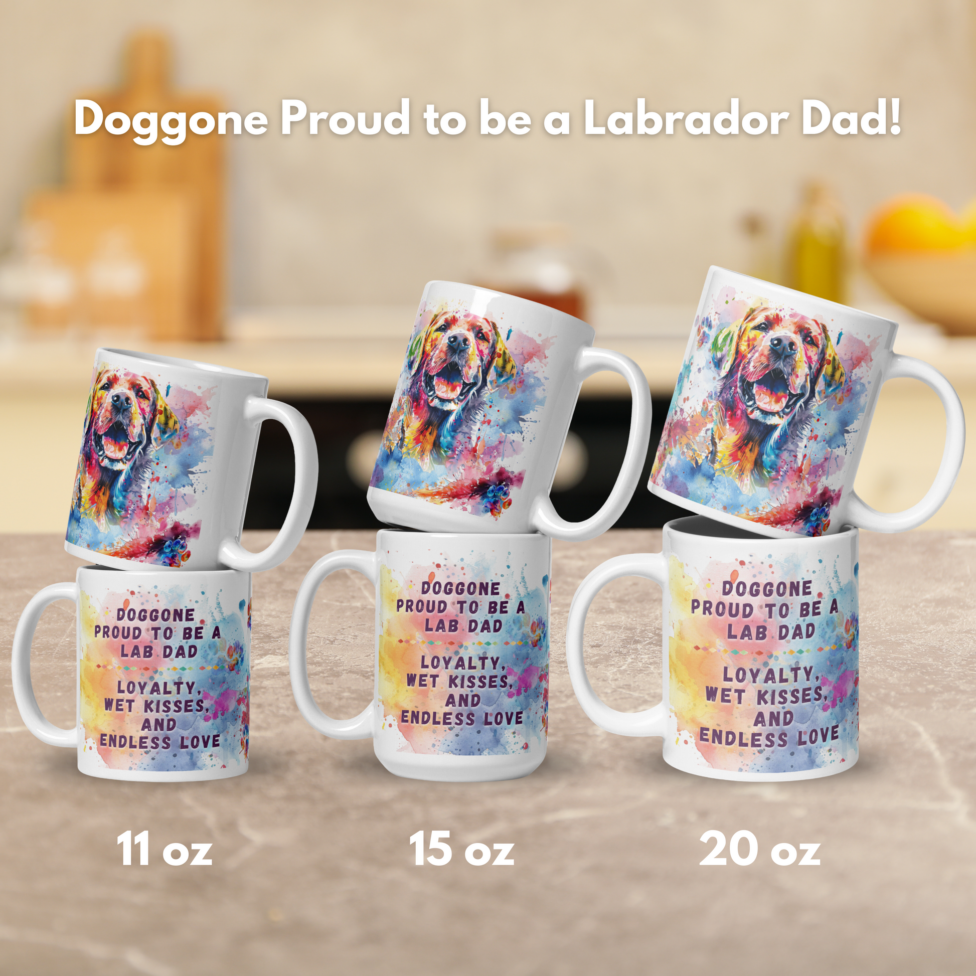 Doggone Proud to be a Labrador Retriever Dad Mug. Mug has a Lab surrounded by watercolor Clouds and Paws. Mug comes in 11oz, 15oz, and 20oz. Mugs stacked by size to show front and back on a stone counter.