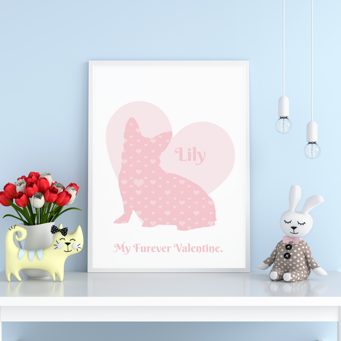 Corgi Dog Silhouette filled with Hearts, Customized to include pet name and quote, Great for a Dog Lover, Dog Artwork, and Dog Loss Tribute