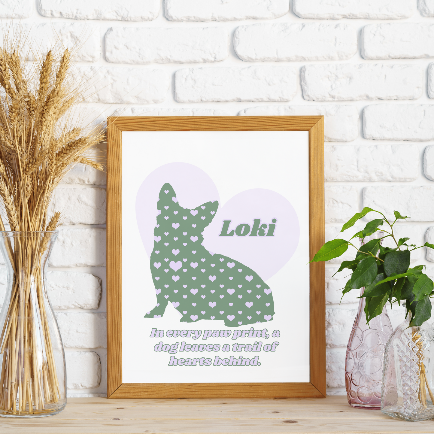 Corgi Dog Silhouette filled with Hearts, Customized to include pet name and quote, Great for a Dog Lover, Dog Artwork, and Dog Loss Tribute