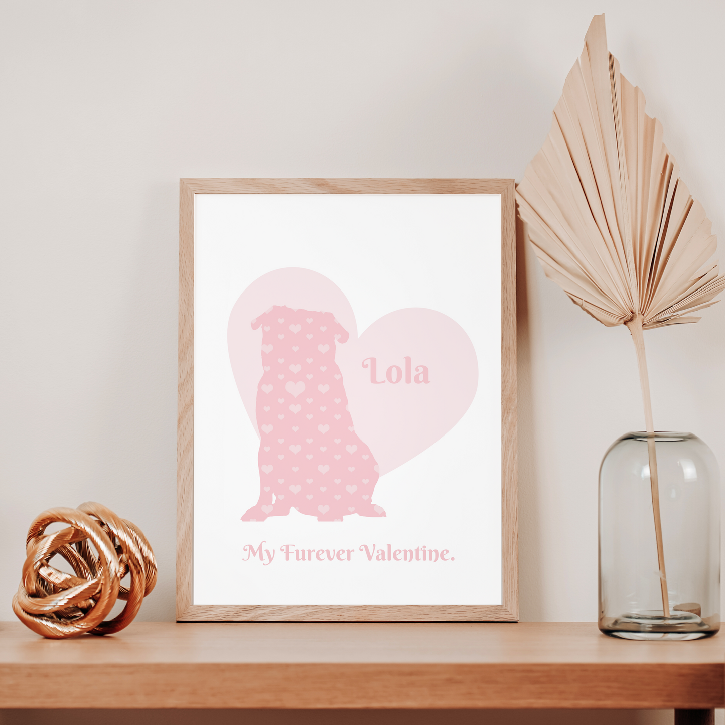 Pug Dog Silhouette filled with Hearts, Customized to include pet name and quote, Great for a Dog Lover, Dog Artwork, and Dog Loss Tribute