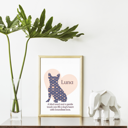 Frenchie Dog Silhouette filled with Hearts, Customized to include pet name and quote, Great for a Dog Lover, Dog Artwork, and Dog Loss Tribute