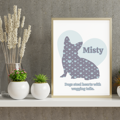 Corgi Dog Silhouette filled with Hearts, Customized to include pet name and quote, Great for a Dog Lover, Dog Artwork, and Dog Loss Tribute