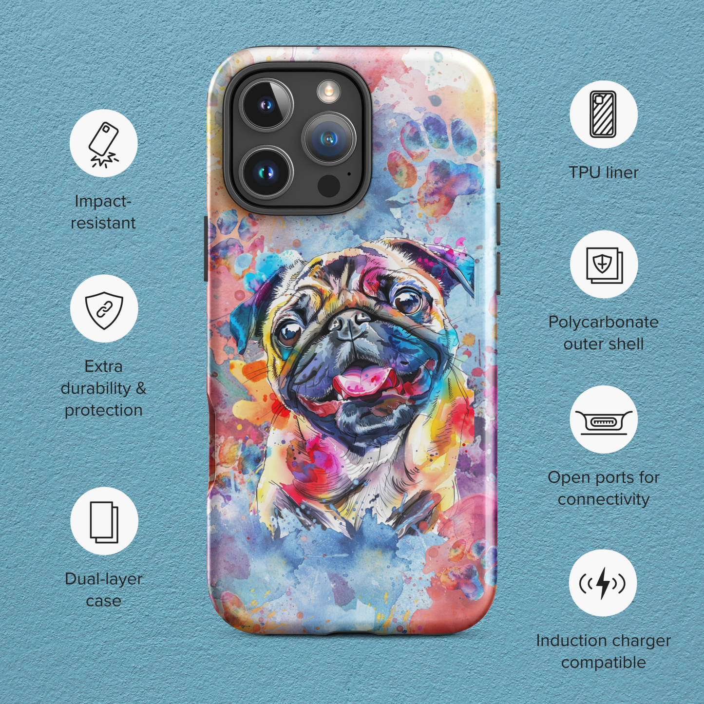 Pug iPhone Case, Colorful Watercolor, Cute Dog Phone Case, for iPhone 16 Pro Max - iPhone 11, Art, Technology Accessories, Cell Phone Case