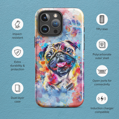 Pug iPhone Case, Colorful Watercolor, Cute Dog Phone Case, for iPhone 16 Pro Max - iPhone 11, Art, Technology Accessories, Cell Phone Case