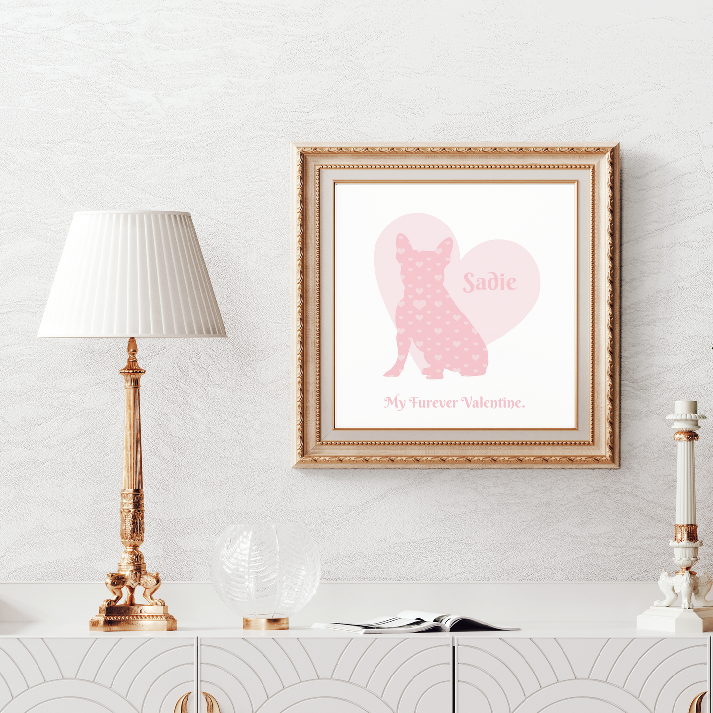 Frenchie Dog Silhouette filled with Hearts, Customized to include pet name and quote, Great for a Dog Lover, Dog Artwork, and Dog Loss Tribute