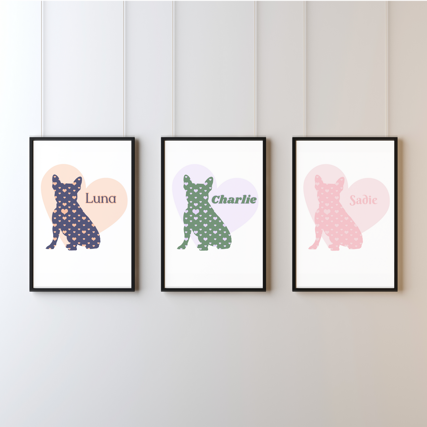 Frenchie Dog Silhouette filled with Hearts, Customized to include pet name and quote, Great for a Dog Lover, Dog Artwork, and Dog Loss Tribute