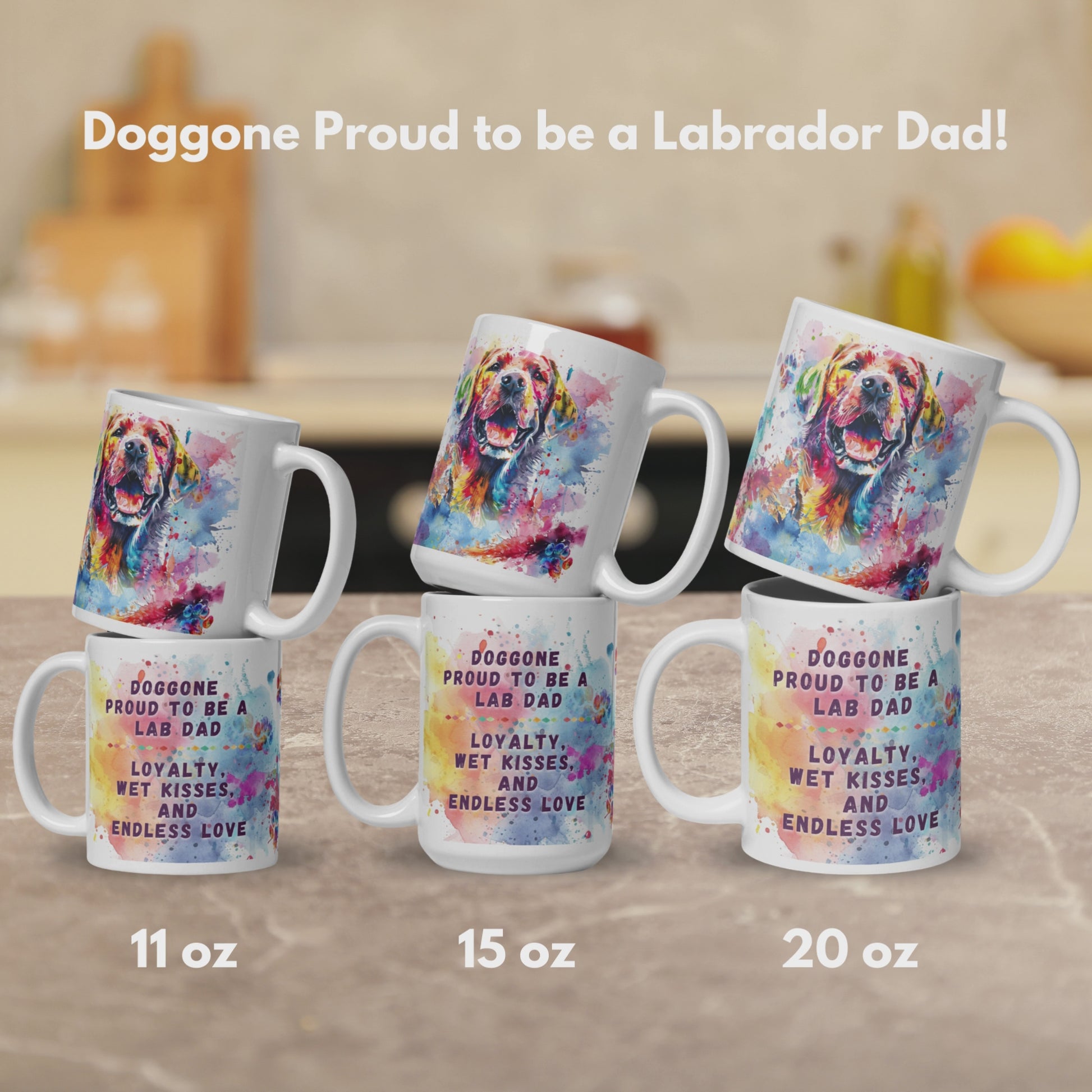 Doggone Proud to be a Lab Dad Mug Video. Video has three slides, the first shows the mugs in 3 different sized, 11oz, 15oz, 20oz. The mugs are stacked by size to show front and back on a kitchen counter. The second shows the artwork wraps all the way around the mug. There are three views of the mug, 1 shows the smiling Labrador Retriever, 2 shows the quote: Doggone Proud to be a Lab Dad, Loyalty, Wet Kisses, and Endless Love, and 3 shows that there is also Pug Mug, Corgi Mugs, and Frenchie Mugs available.