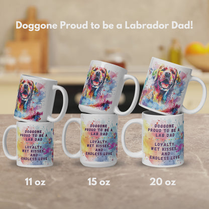 Doggone Proud to be a Lab Dad Mug Video. Video has three slides, the first shows the mugs in 3 different sized, 11oz, 15oz, 20oz. The mugs are stacked by size to show front and back on a kitchen counter. The second shows the artwork wraps all the way around the mug. There are three views of the mug, 1 shows the smiling Labrador Retriever, 2 shows the quote: Doggone Proud to be a Lab Dad, Loyalty, Wet Kisses, and Endless Love, and 3 shows that there is also Pug Mug, Corgi Mugs, and Frenchie Mugs available.