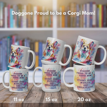 Doggone Proud to be a Corgi Mom Mug Video. Video has three slides, the first shows the mugs in 3 different sized, 11oz, 15oz, 20oz. The mugs are stacked by size to show front and back on a kitchen counter. The second shows the artwork wraps all the way around the mug. There are three views of the mug, 1 shows the smiling Corgi, 2 shows the quote: Doggone Proud to be a Corgi Mom, Stubby Legs, Wiggles, and Endless Love, and 3 shows that there is also Lab Mugs, Frenchie Mugs, and Pug Mugs available.