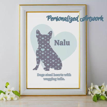 Frenchie Dog Silhouette filled with Hearts, Customized to include pet name and quote, Great for a Dog Lover, Dog Artwork, and Dog Loss Tribute