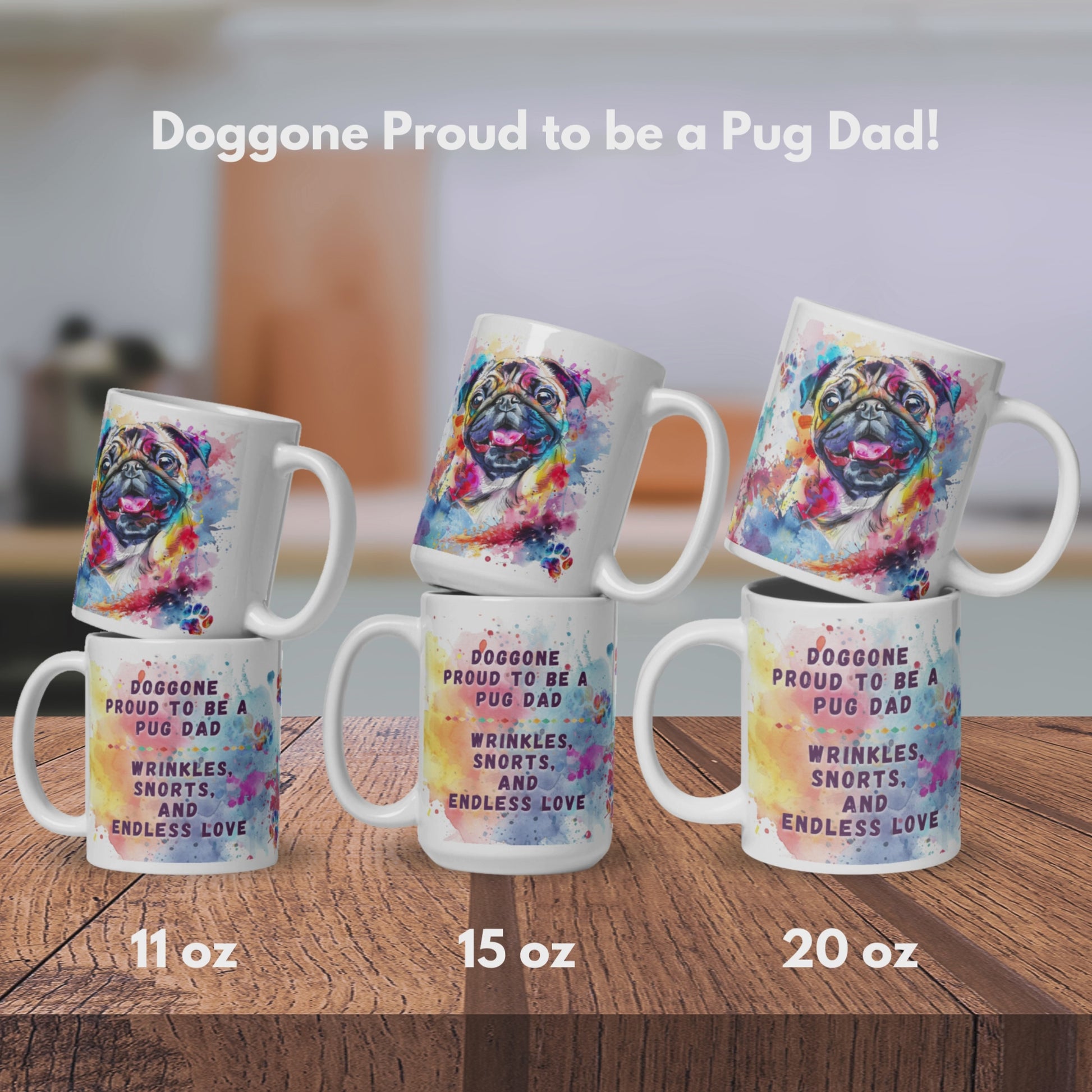 Doggone Proud to be a Pug Dad Mug Video. Video has three slides, the first shows the mugs in 3 different sized, 11oz, 15oz, 20oz. The mugs are stacked by size to show front and back on a kitchen counter. The second shows the artwork wraps all the way around the mug. There are three views of the mug, one shows the smiling pug, second shows the quote "Doggone Proud to be a Pug Dad, Wrinkles, Snorts, and Endless Love. The third shows that there is also Lab Mug, Corgi Mugs, and Frenchie Mugs.