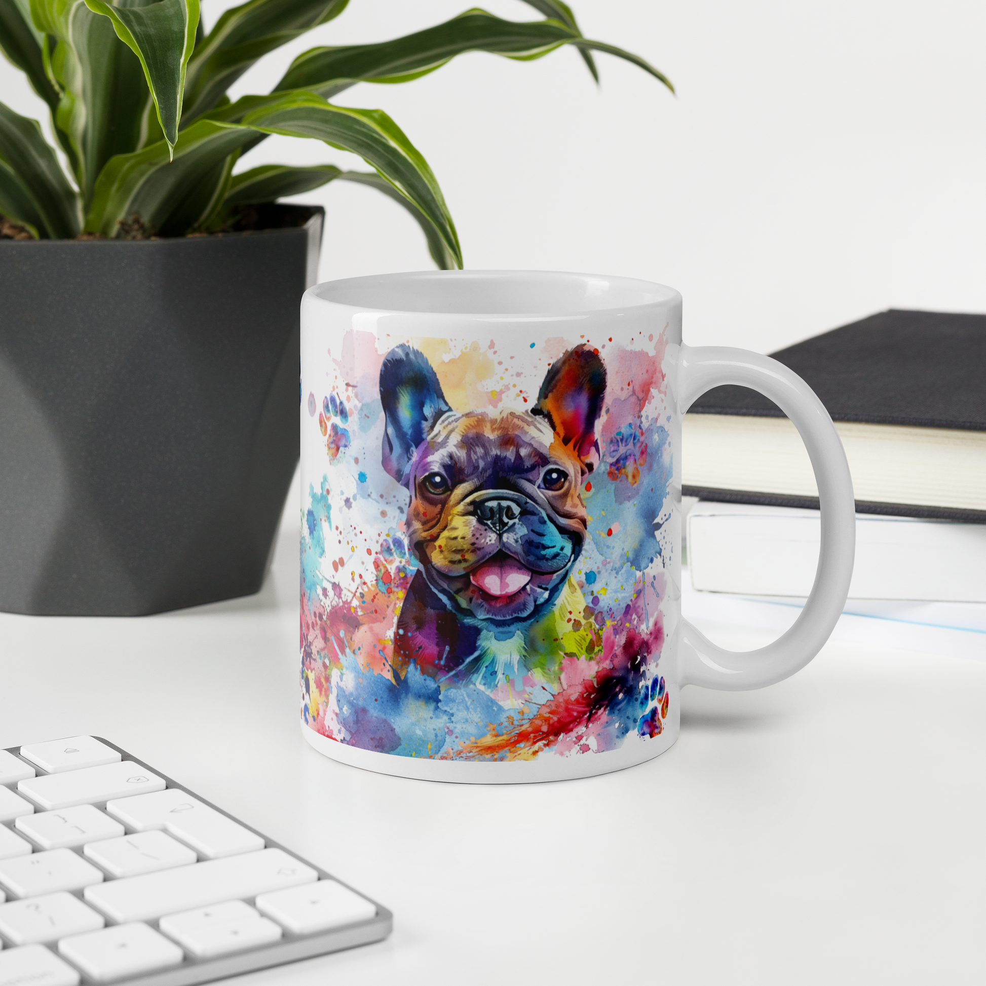 Doggone Proud Frenchie 11 oz Mug. A fun mug with a happy French Bulldog surrounded by watercolor splashes, clouds, and paws. Mug is on a white desk with a plant book and keyboard. Great give for any dog lover or paw-rent.