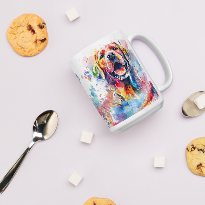 Doggone Proud Lab Dog Mug. A fun colorful mug with handle showing a happy Labrador Retriever dog surrounded by watercolor splashes, clouds, and paws. Mug is laying flat with cookies around it.