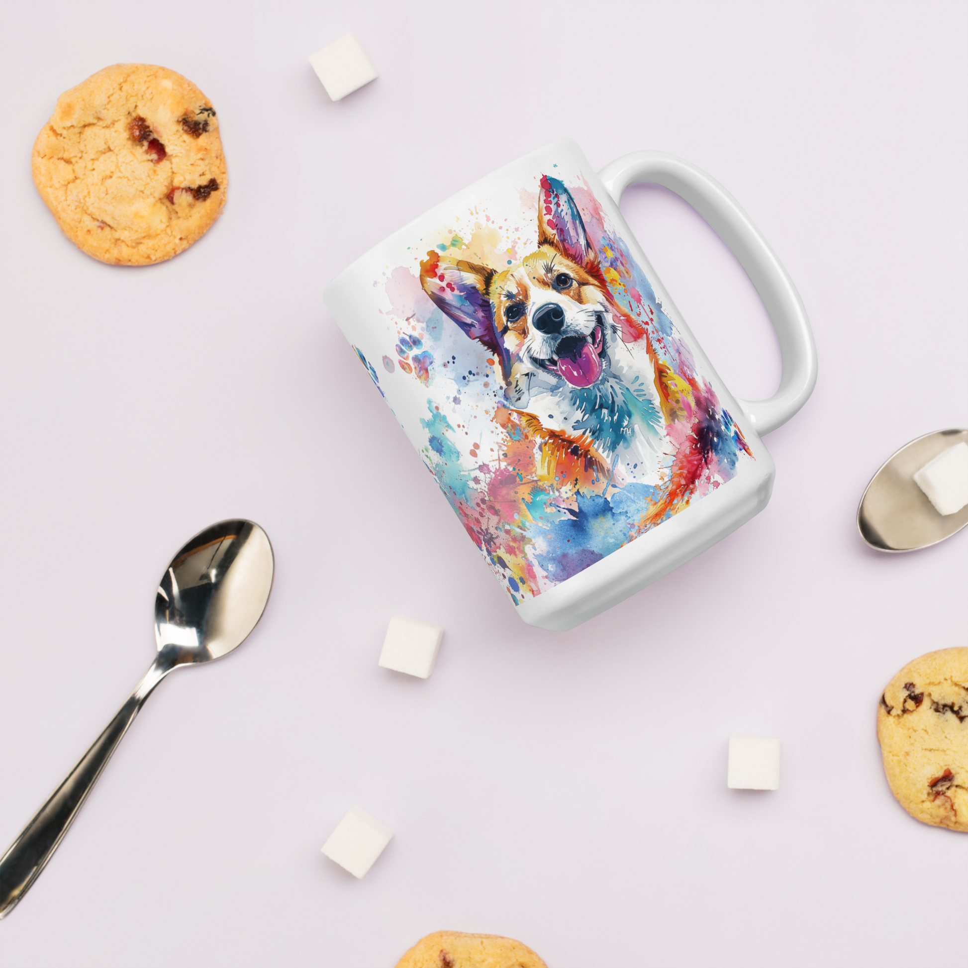 Doggone Proud Pug Dog Mug. A fun colorful mug with handle showing a happy Pug dog surrounded by watercolor splashes, clouds, and paws. Mug is laying flat with cookies around it.