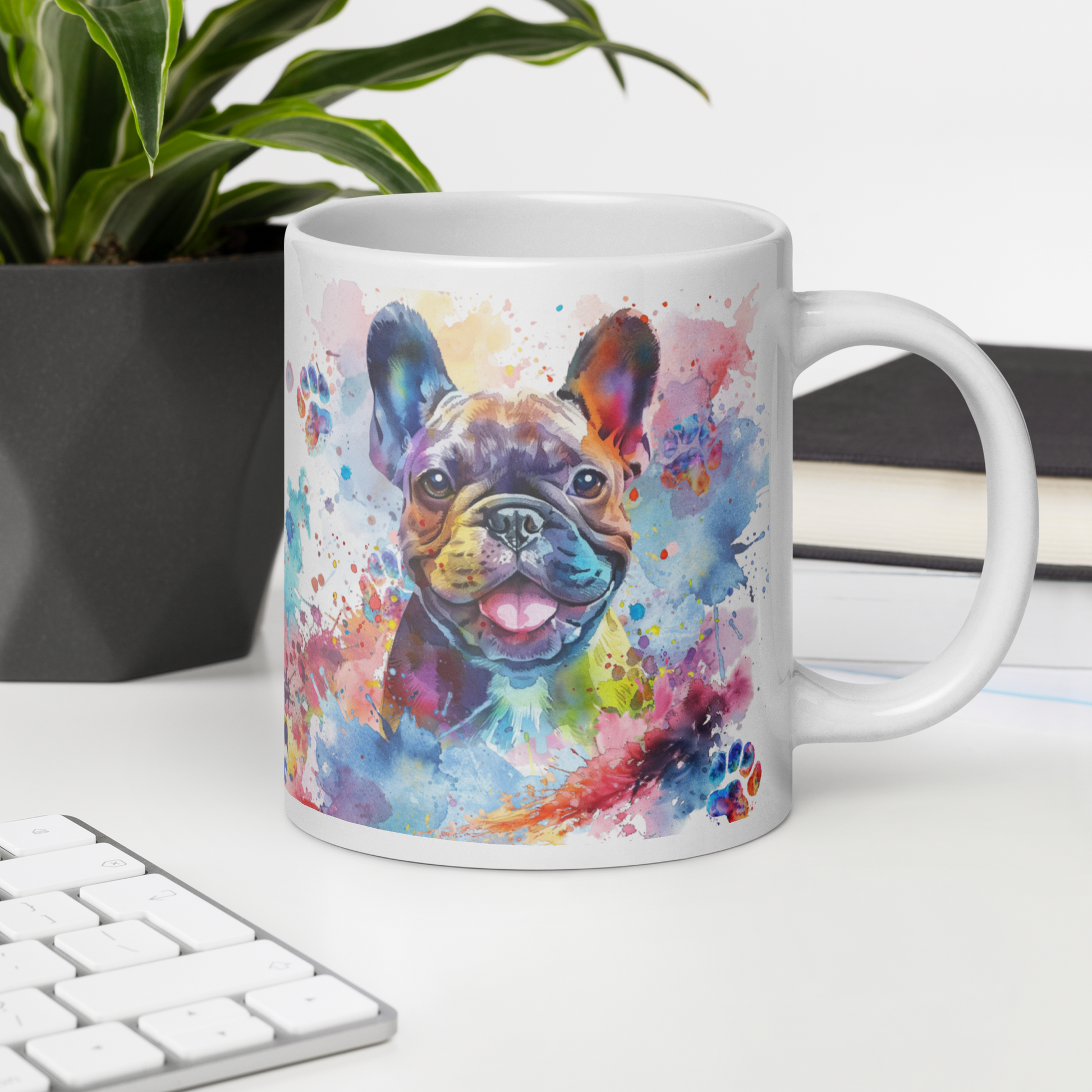 Doggone Proud Frenchie 20 oz Large Big Mug. A fun mug with a happy French Bulldog surrounded by colorful watercolor splashes, clouds, and paws. Mug is on a white desk with a plant book and keyboard. Great give for any dog lover or paw-rent.